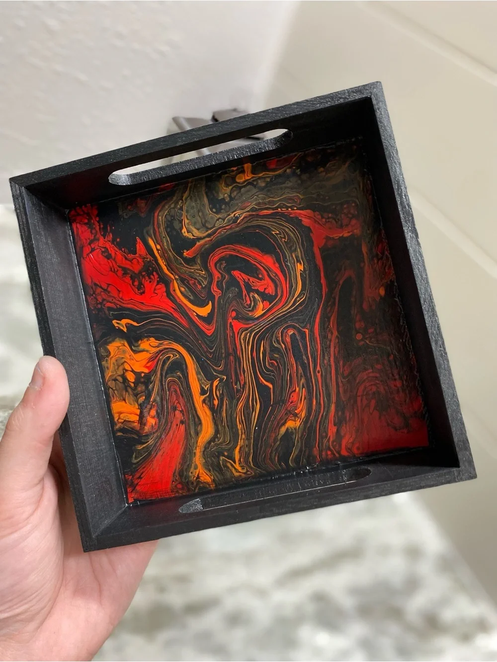 Hand Crafted Wooden Tray W/ Red & Orange Swirl Art